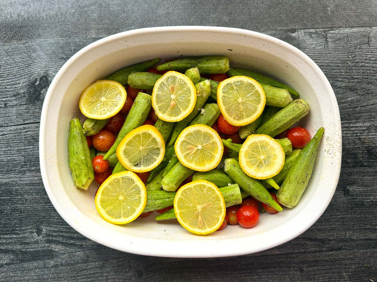 White baking dish with the vegetables ready to bake.
