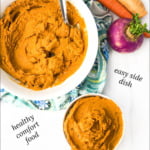 white bowl with healthy roasted root vegetable mash and text