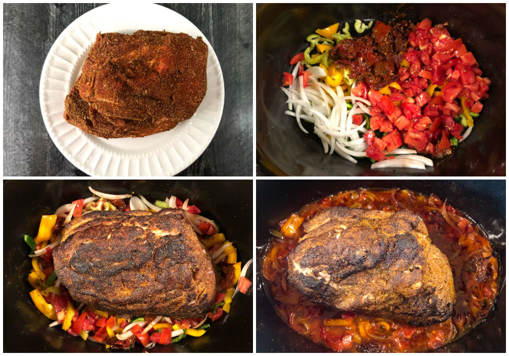 collage of pictures with how to cook chipotle pork in the slow cooker