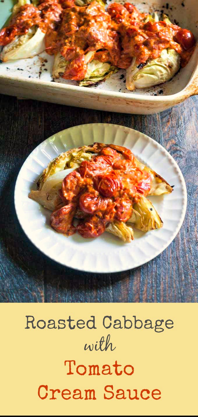 This roasted cabbage with creamy tomato sauce reminds me of a decadent pasta dish. The flavorful tomato sauce tops the sweet roasted cabbage for a great vegetarian meal.