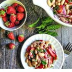 white bowl & plate to strawberry & mint bean salad with text