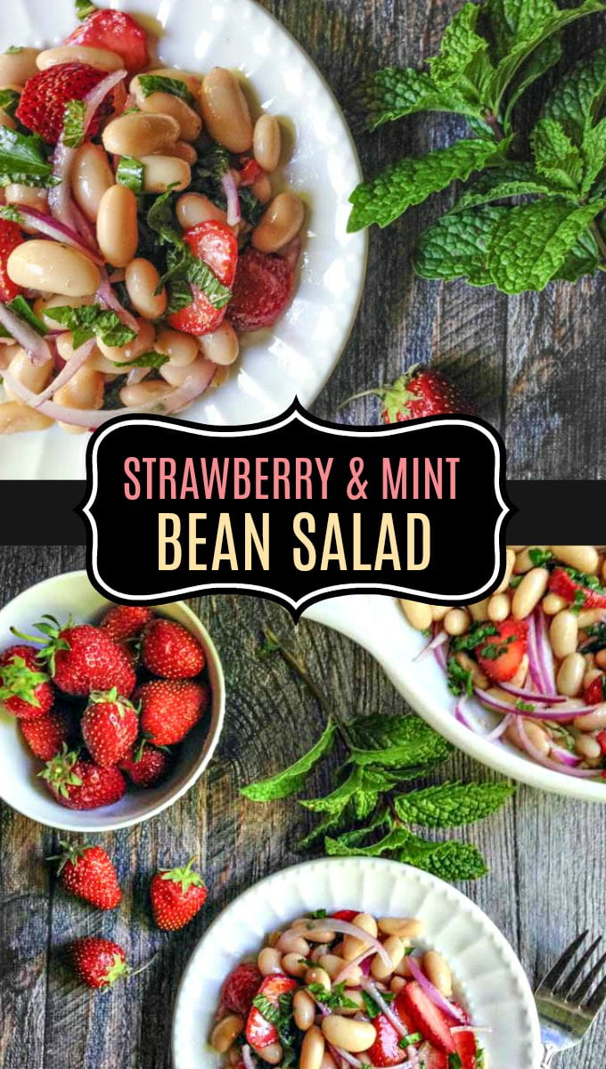 white bowl & plate to strawberry & mint bean salad with text