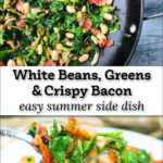 pan and plate with white beans and greens with bacon with text