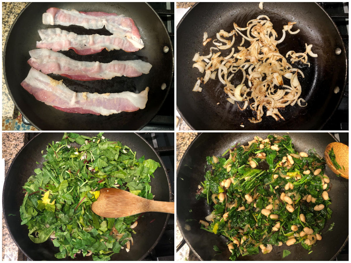 collage of how to make bacon beans and greens