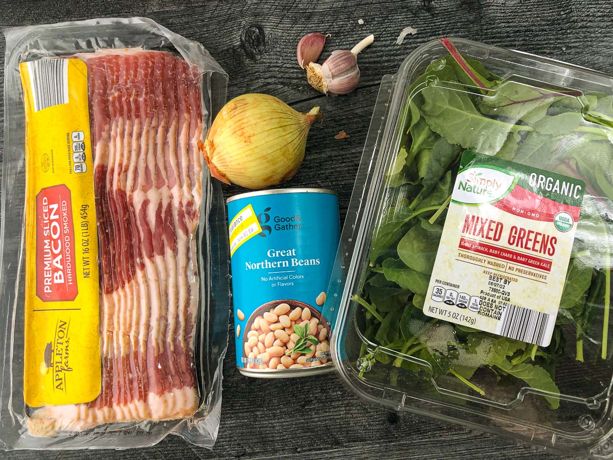 recipe ingredients, mixed greens, bacon, cannelloni beans, onion, garlic