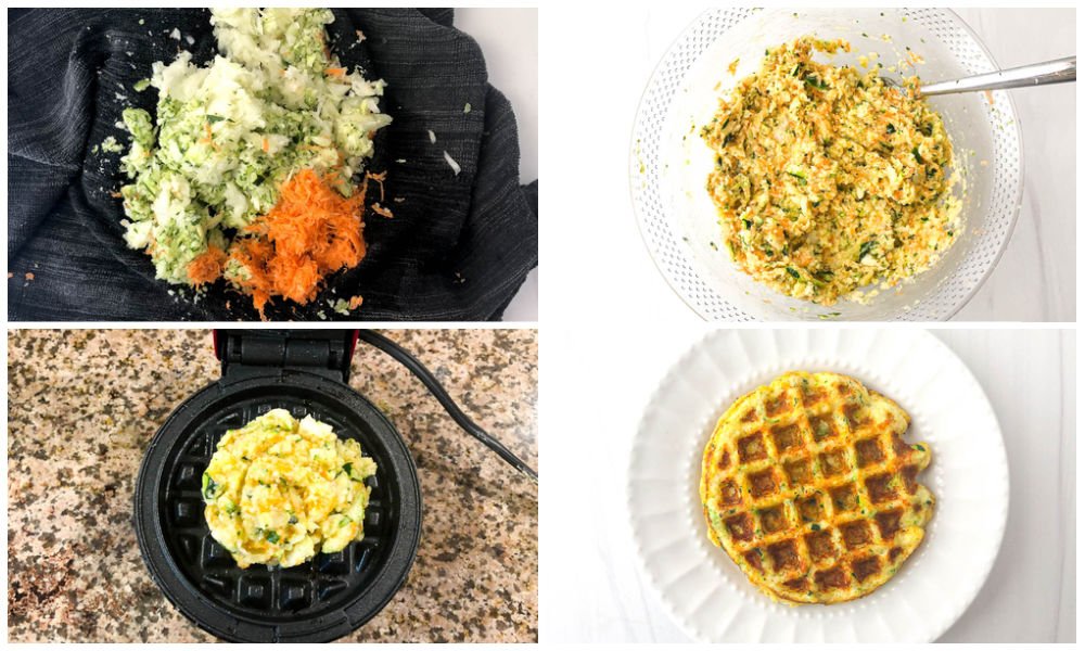 collage of steps to make keto veggie waffles