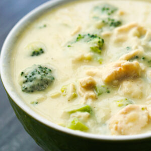closeup of bowl of low carb chicken broccoli soup