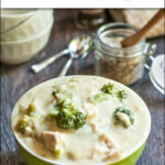 bowl of creamy chicken broccoli soup and text
