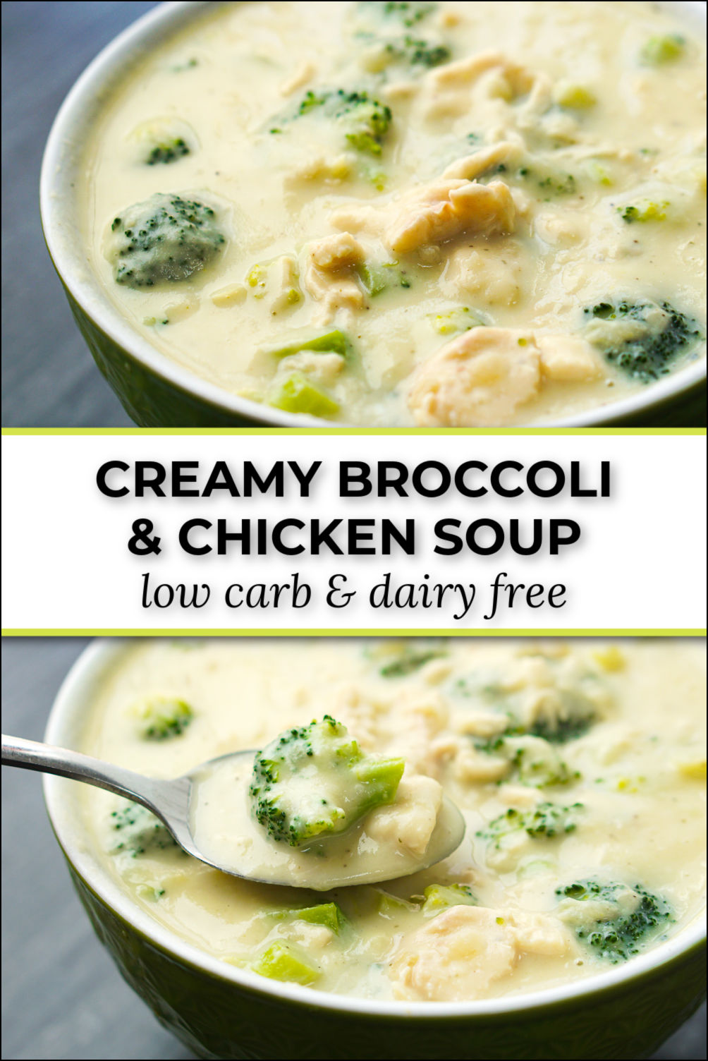 bowl of creamy chicken broccoli soup and text