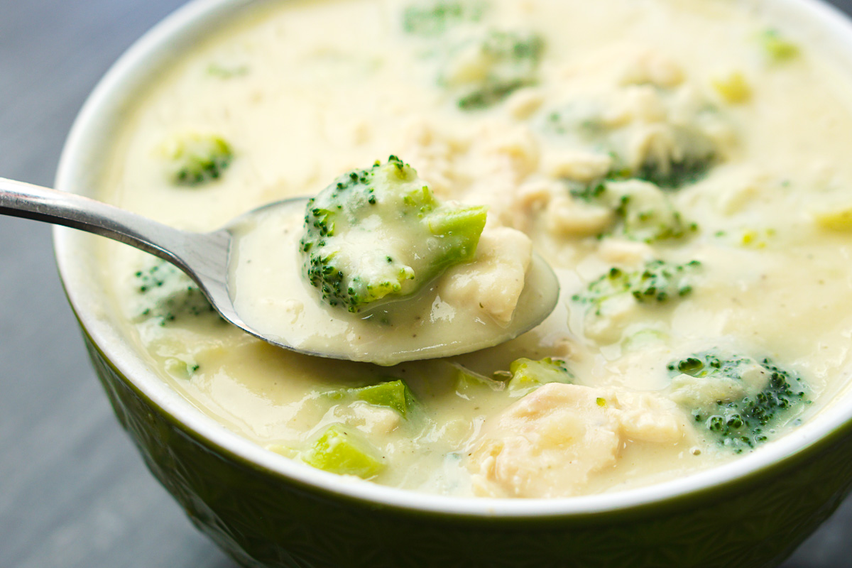 closeup of a spoonful of the keto creamy soup