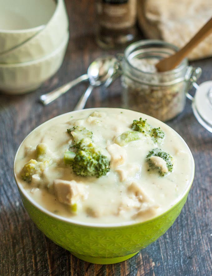 This creamy chicken & broccoli soup uses cauliflower cream to make a healthy, hearty soup. Low calorie, Paleo and gluten free. 
