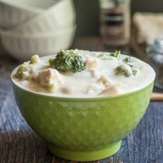 This creamy chicken & broccoli soup uses cauliflower cream to make a healthy, hearty soup. Low calorie, Paleo and gluten free.