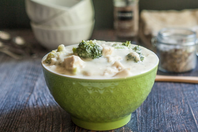This creamy chicken & broccoli soup uses cauliflower cream to make a healthy, hearty soup. Low calorie, Paleo and gluten free.