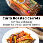 white plate and raw colored carrots with roasted curry carrots and text