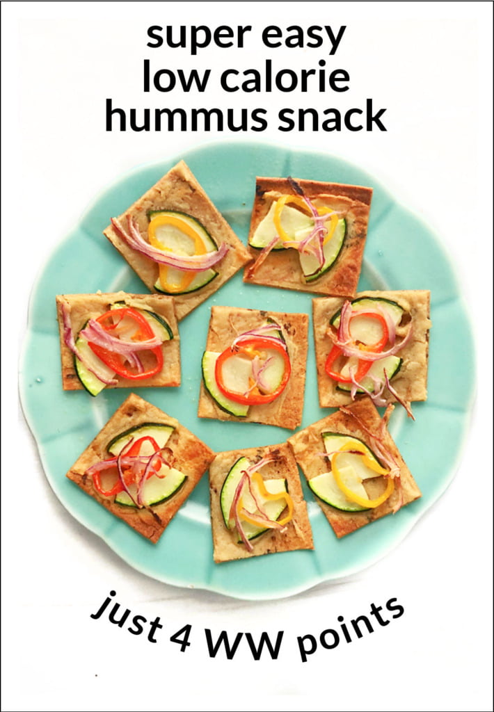 aqua plate with hummus snack and text overlay