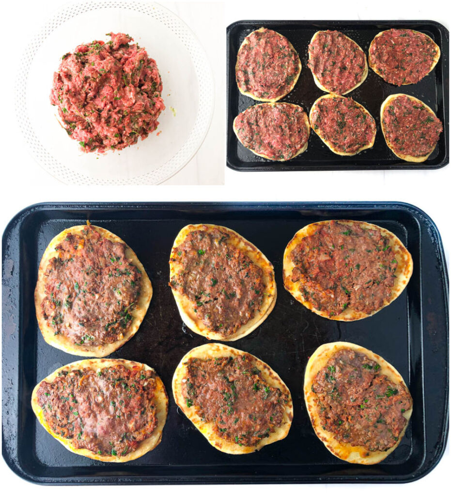 collage of how to make middle eastern meat pizzas