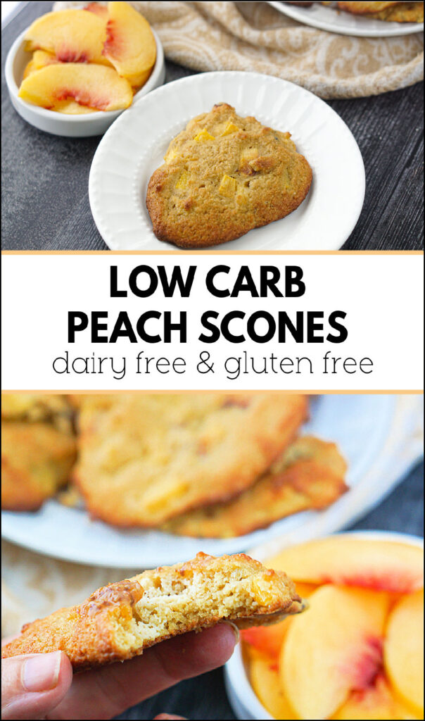 white plate with a low carb peach scone and text