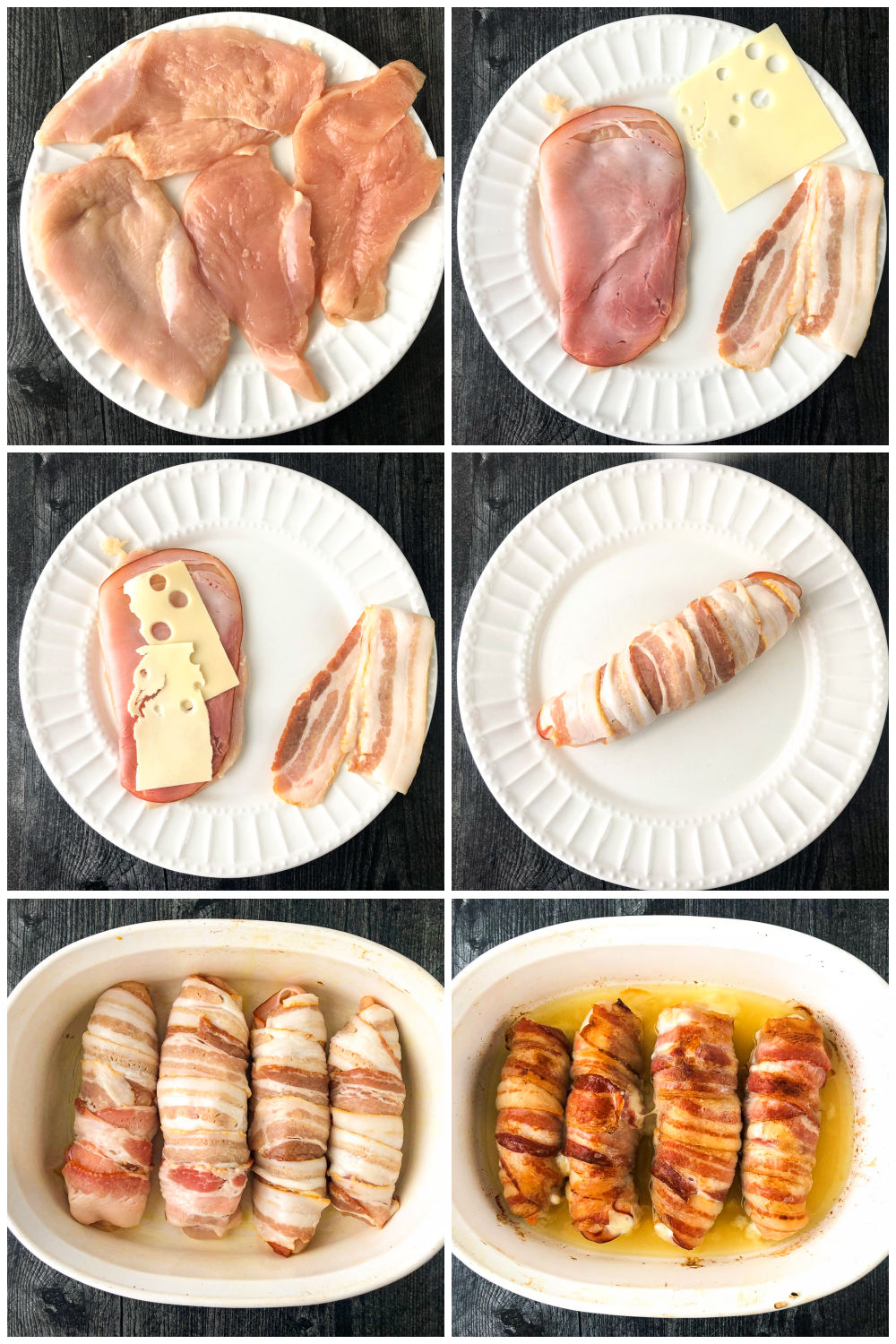 collage of photos of steps to make the bacon wrapped chicken cutlets