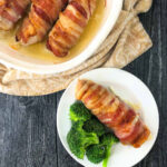aerial view of white plate and baking dish with bacon wrapped chicken of white plate and baking dish with bacon wrapped chicken with text