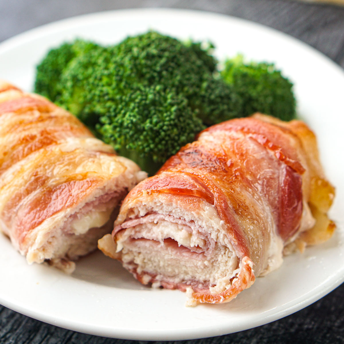 Easy Keto Bacon Wrapped Stuffed Chicken with Ham & Cheese