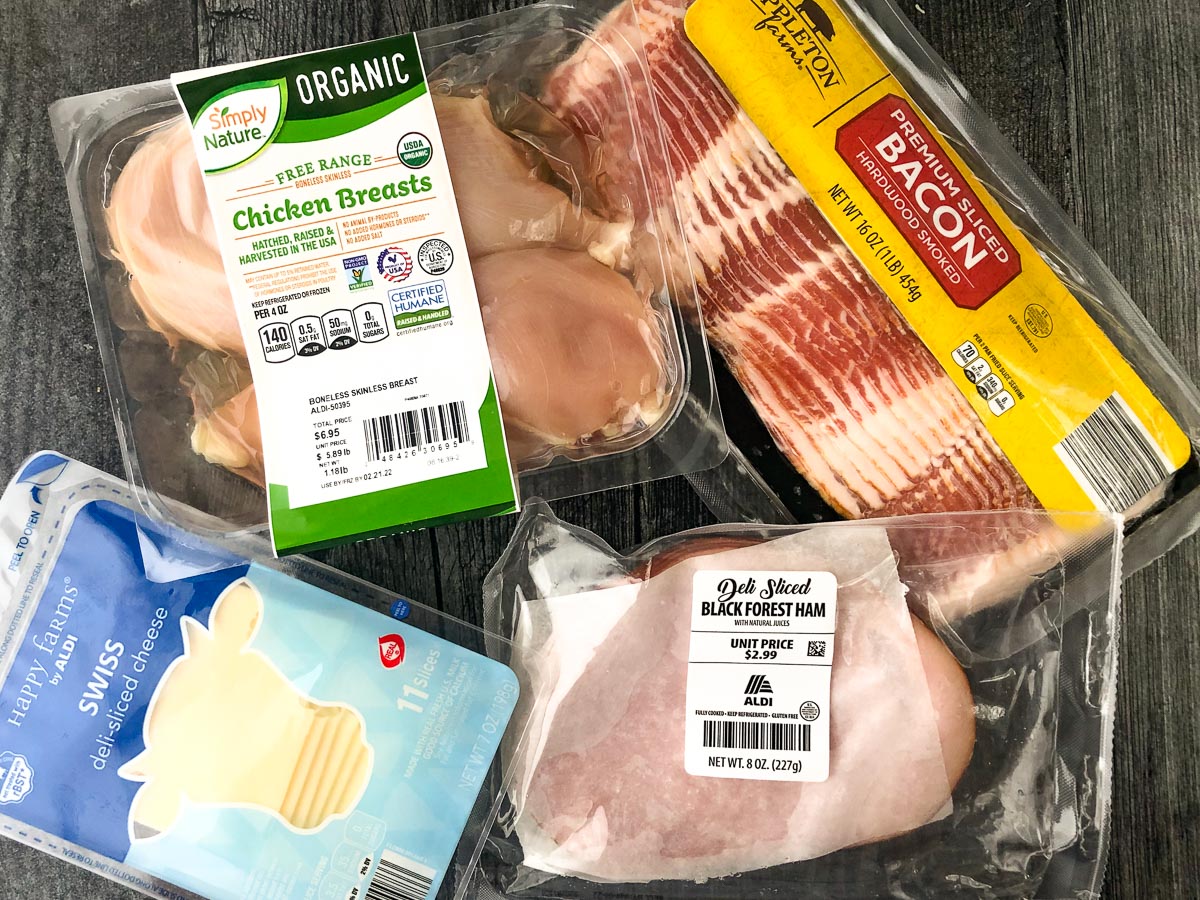 chicken cordon bleu ingredients - ham, swiss, chicken breast and bacon