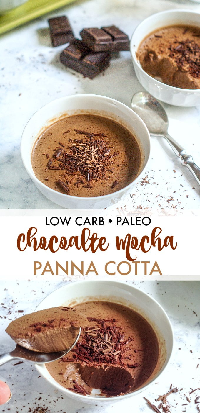 Long photo of white bowls with chocolate panna cotta and text overlay.