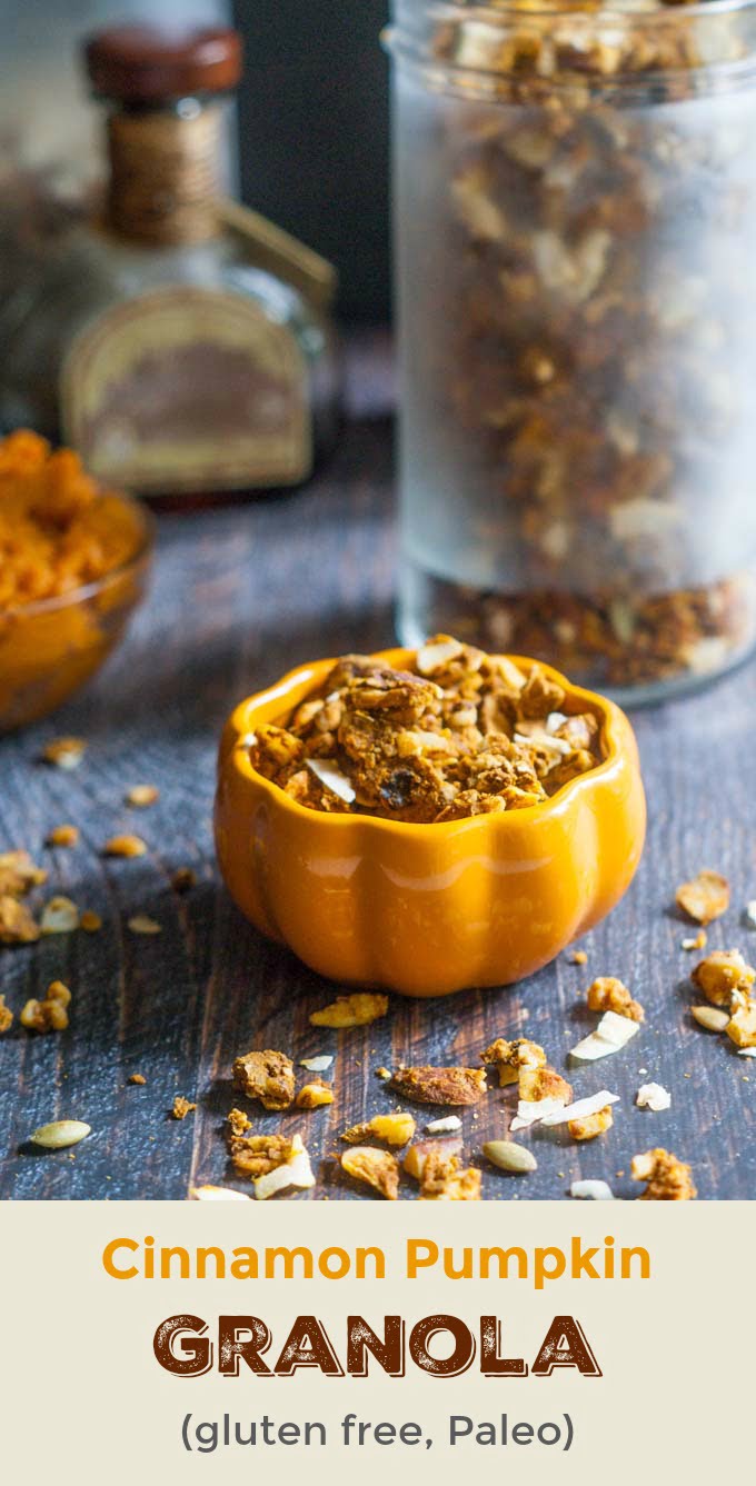 This cinnamon pumpkin granola is both gluten free and Paleo. A delicious, healthy snack, topping or breakfast cereal.