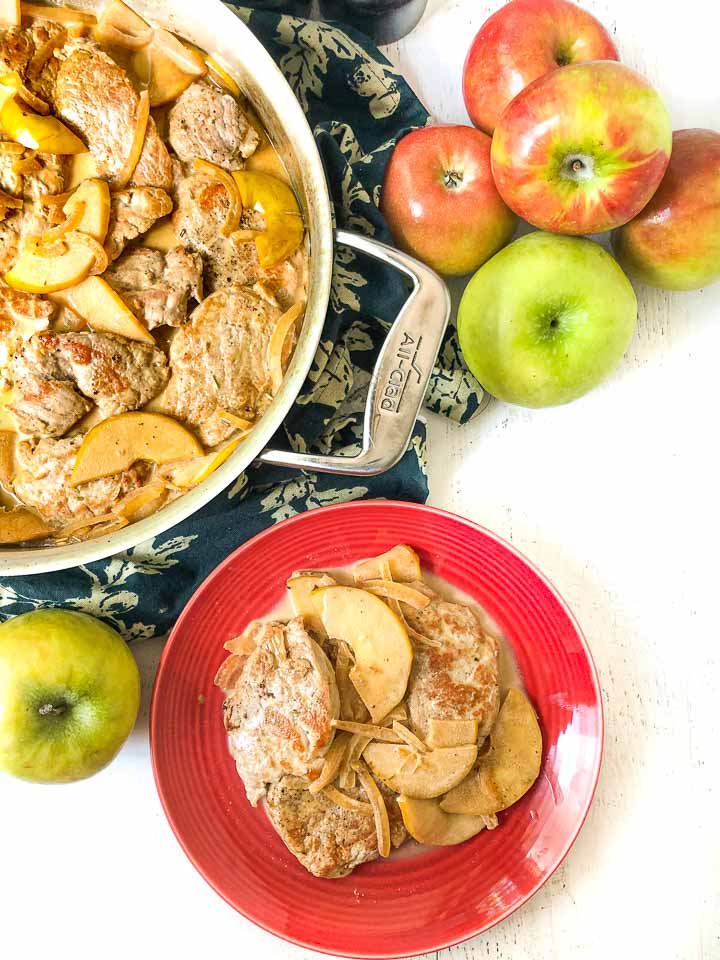 pan and red plate with keto pork tenderloin and a few fresh apples