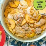 red plate and pan with creamy low carb pork tenderloin with apples and text
