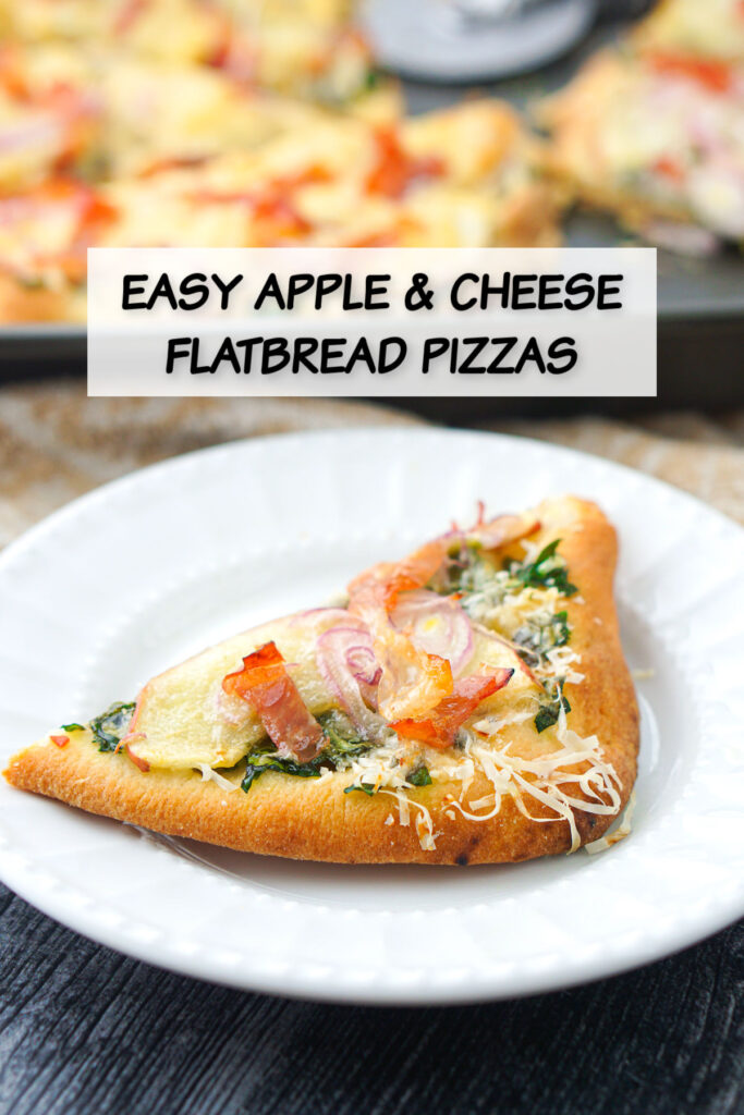baking sheet and white plates with apple and cheese flatbreads and text