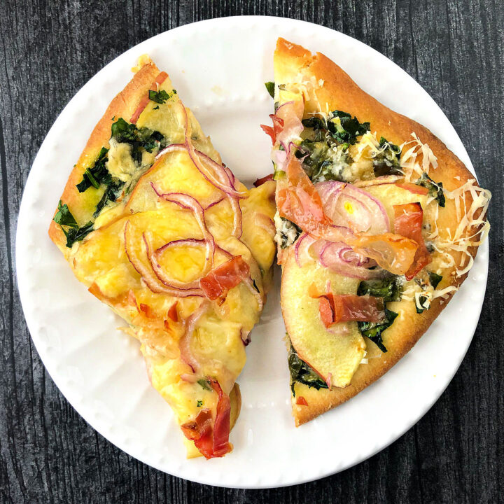 apple cheese flatbread pizza on white plate