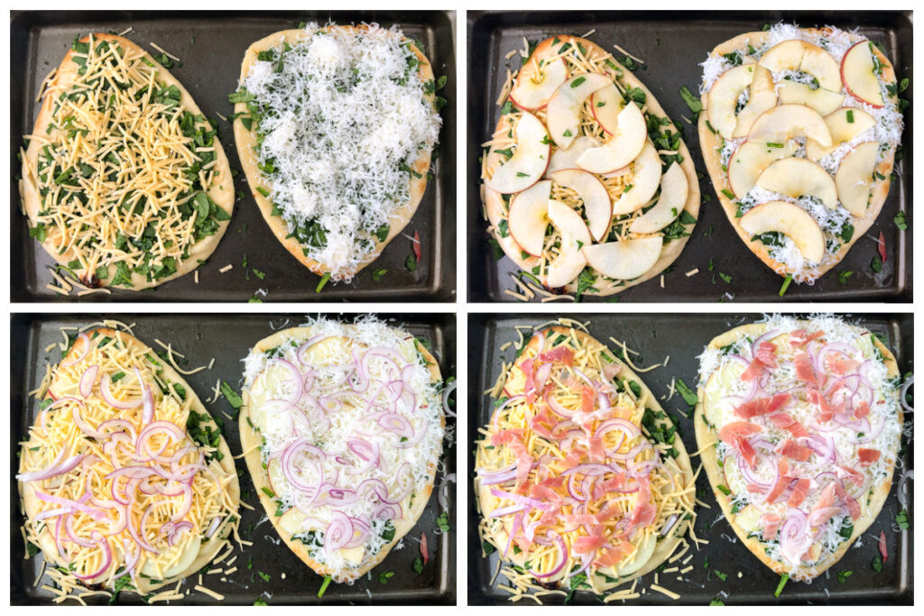 collage of pictures showing how to make apple cheese flatbread pizzas