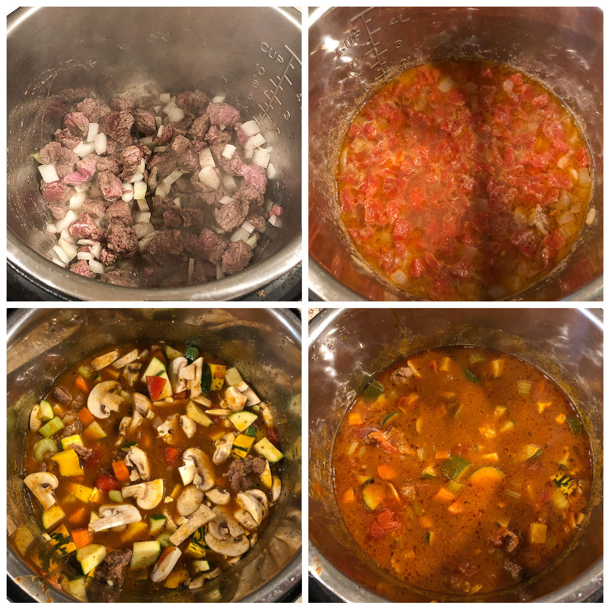 collage of instant pot pictures with stages of making stew
