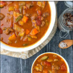 two white bowls with vegetable and beef stew with text