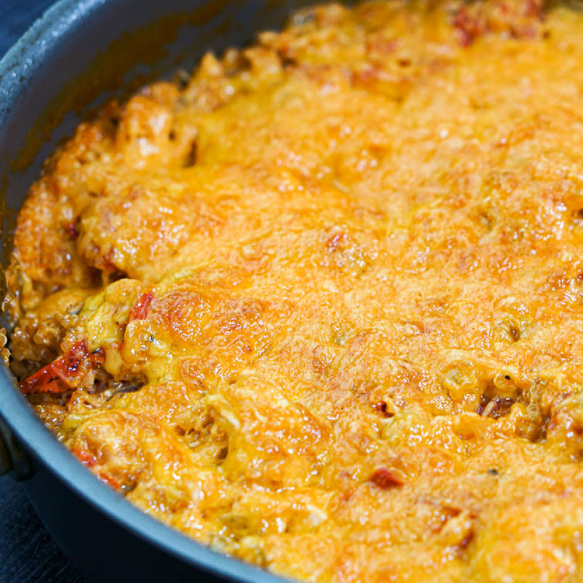 closeup of a pan of buffalo chicken quinoa casserole