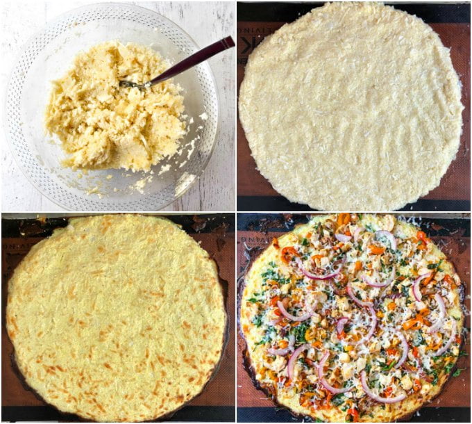 collage of how to make a low carb cauliflower crust