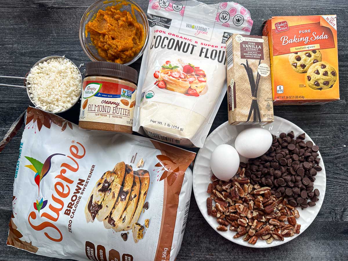 recipe ingredients - cauliflower rice, pumpkin, baking soda, coconut flour, vanilla, eggs, pecans, chocolate chips, swerve, almond butter