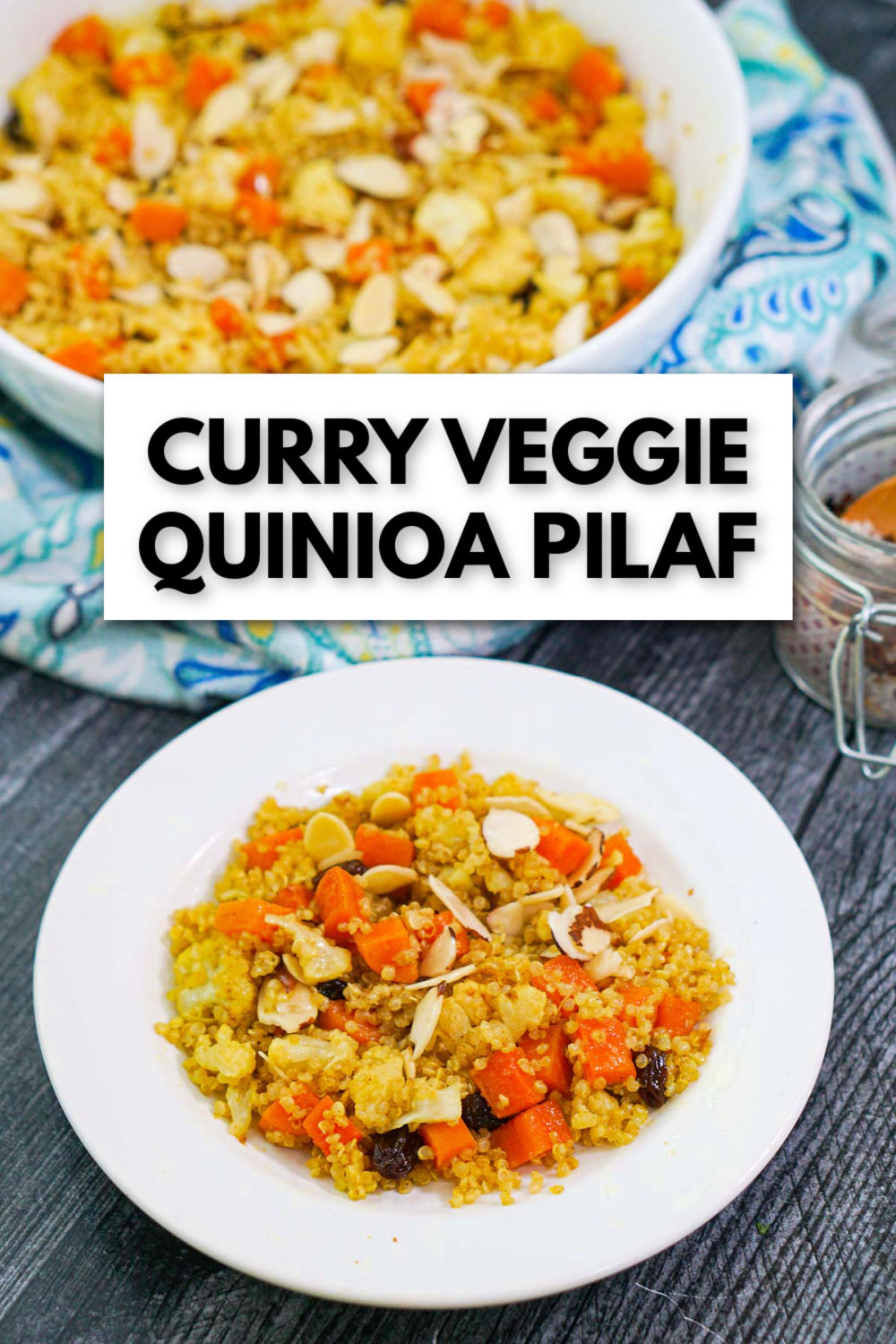bowl and plate with vegetable curry quinoa and text