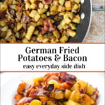 white plate and pan with German fried potatoes with bacon and text overlay