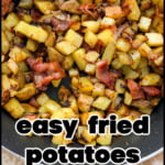 pan with German fried potatoes with bacon and text overlay