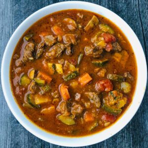 white bowl with Instant Pot healthy beef stew