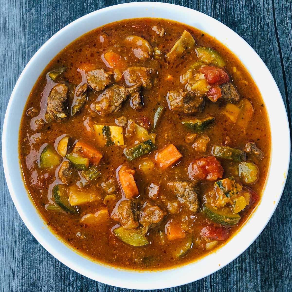 white bowl with Instant Pot healthy beef stew