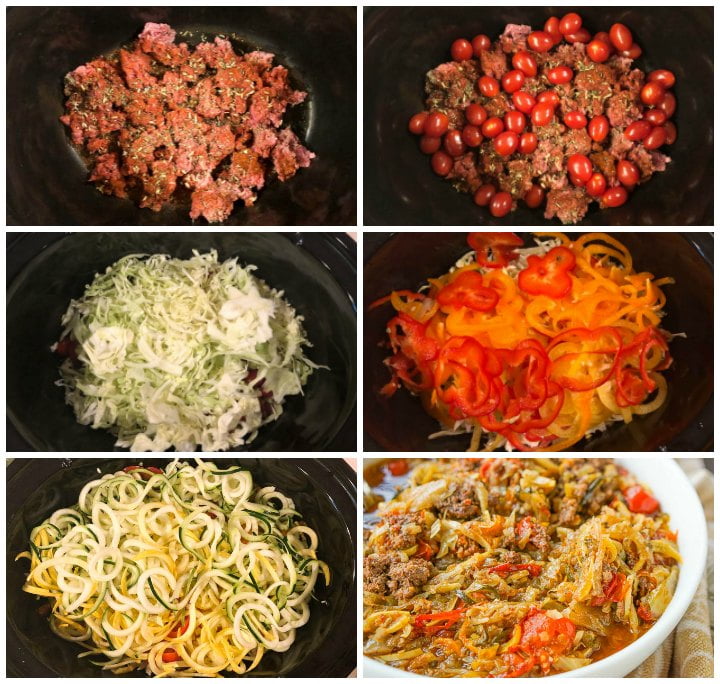 collage of the steps to make veggie spaghetti in the slow cooker
