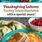 closeup of thanksgiving turkey leftovers sandwich on green plate with text overlay