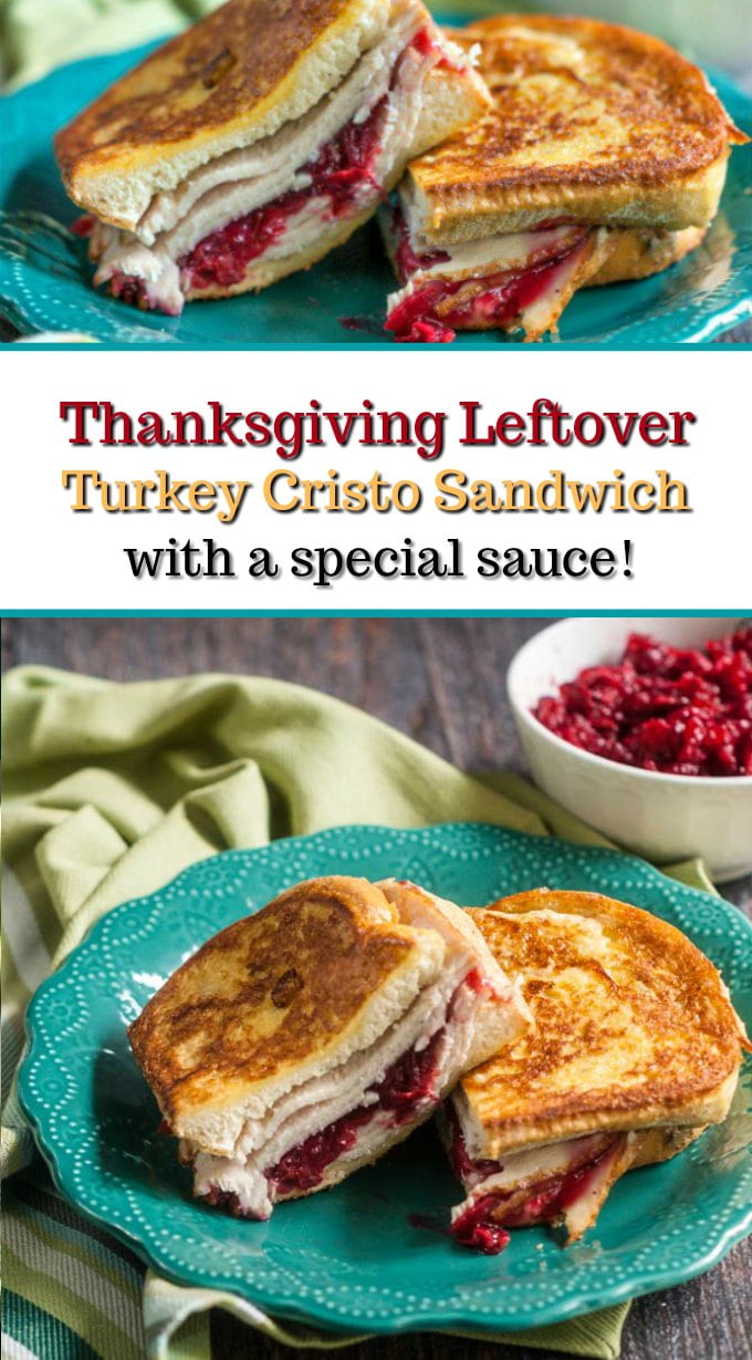closeup of thanksgiving turkey leftovers sandwich on green plate with text overlay