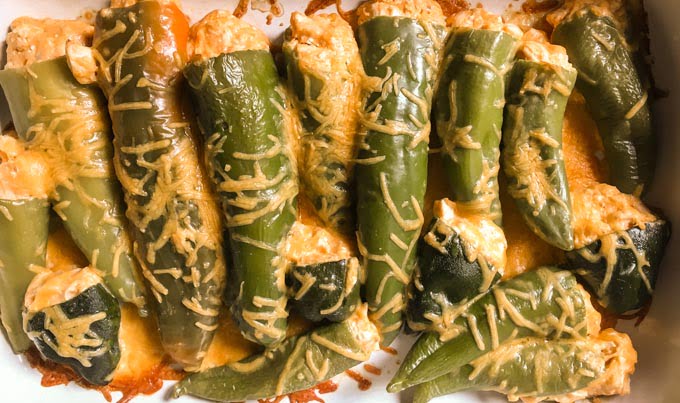These buffalo chicken stuffed chiles are a delicious low carb appetizer or dinner. 