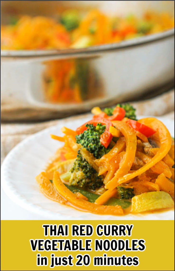 white dish with Thai butternut squash noodles curry and text