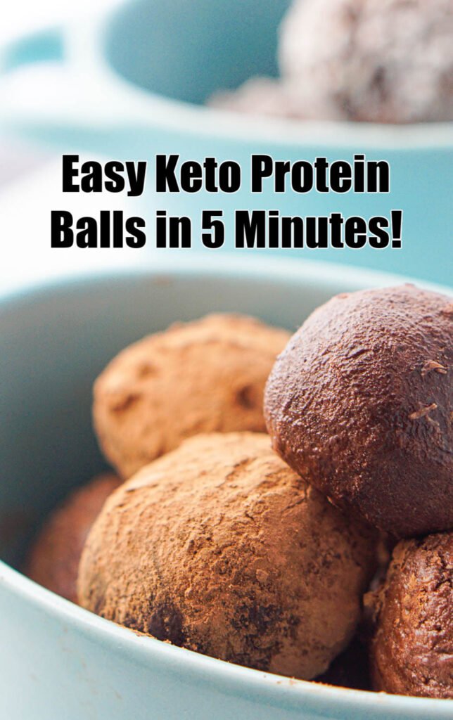 blue bowls with keto protein balls which are chocolate coconut flavored and text overlay