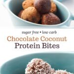 blue bowls with keto protein balls which are chocolate coconut flavored and text overlay