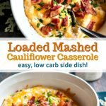 baking dishes with low carb mashed cauliflower with flower vase in background and text overlay